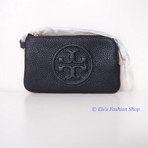 NWT Tory Burch Perry Bombe Card Case Small Leather Wristlet BLACK AUTHENTIC